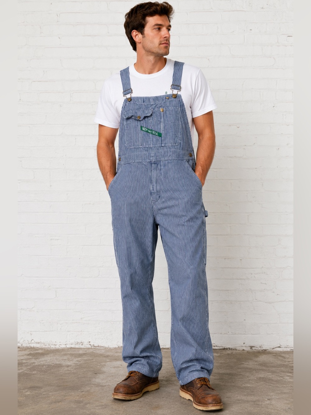 KEY Imperial Blue White Hickory Stripe Bib Overalls Men’s 42x28 100% Cotton